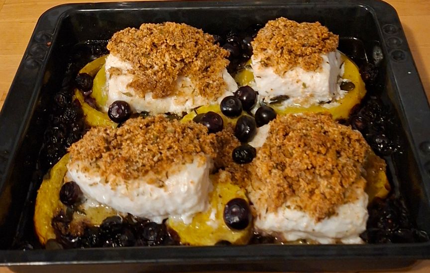 Kabeljau mit Kürbis und Beeren