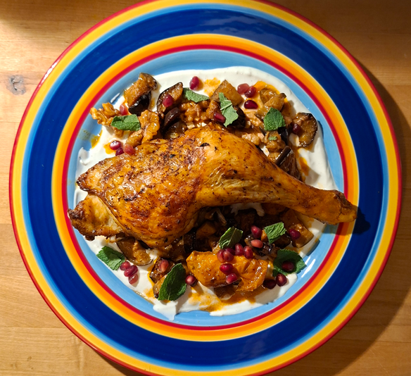 Hähnchenschenkel mit Auberginen und Aprikosen